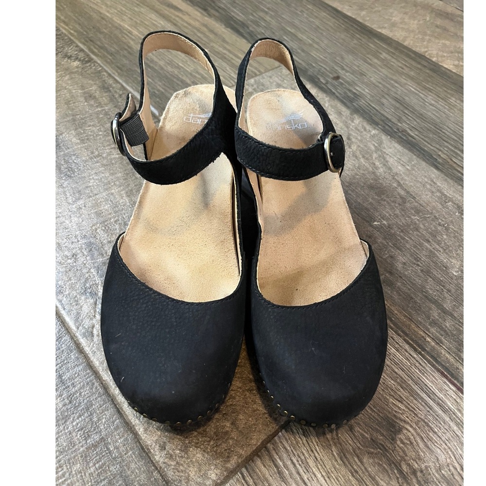 Dansko Tiffani Black Nubuck Leather Studded Ankle Strap Clogs Heels Size 38